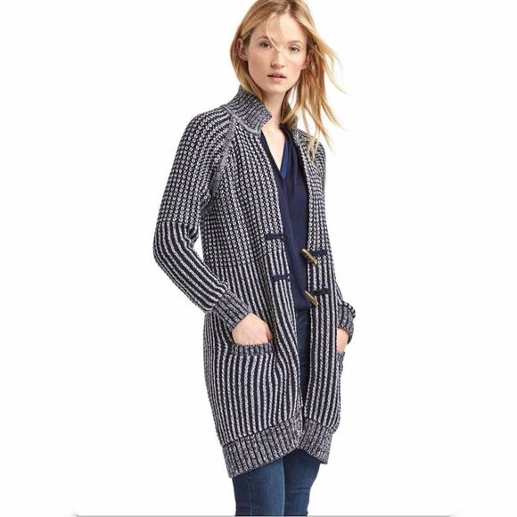 Gap Ribbed Toggle Front Long Cardigan Sweater Blue White XS Fisherman Nautical - Picture 2 of 16